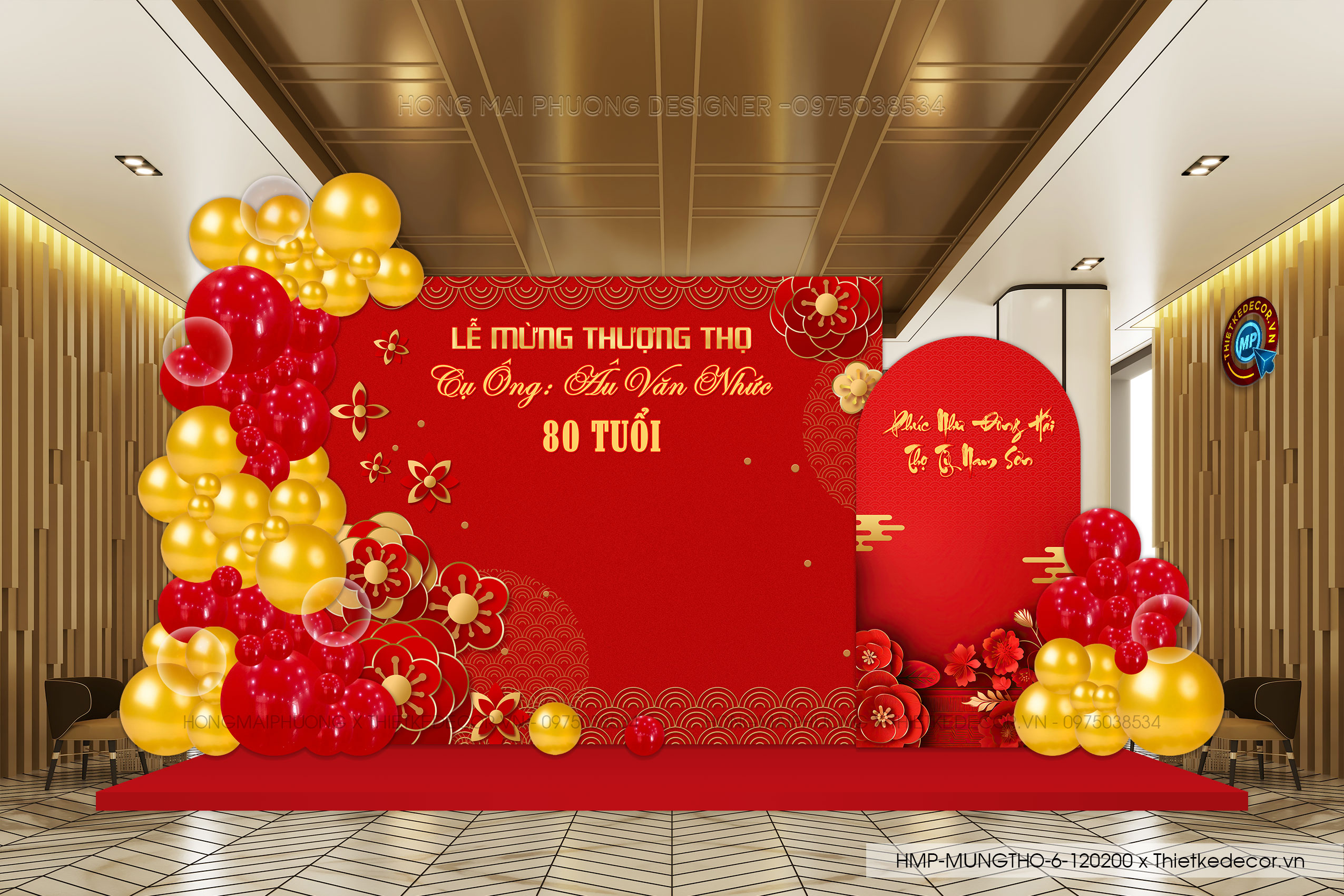 File thiết kế trang trí tiệc mừng thọ tone đỏ vàng sang trọng